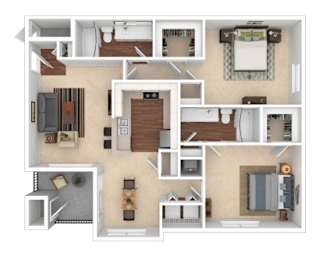 A 3D floor plan of a small apartment with a kitchen, living room, and bedrooms.