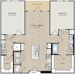 A floor plan of a house with two bedrooms, a living area, and a patio.