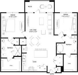 A black and white floor plan of a house with labeled rooms such as RELAX, DREAM, LIVE/DINE, and COOK.