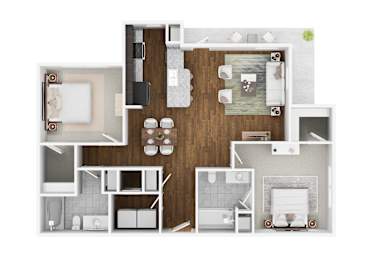 A floor plan of a house with a kitchen, living room, and two bedrooms.