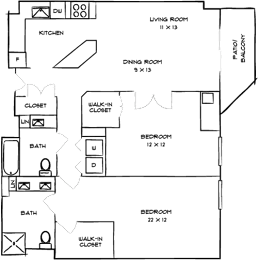 A floor plan of a house with a kitchen, two bathrooms, and a walk-on closet.