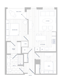 A floor plan of a house with labeled rooms such as bedroom, kitchen, and bath.