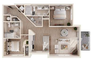 A 3D floor plan of a house with a kitchen, living room, and bedrooms.