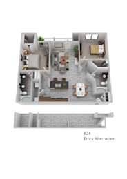 A floor plan of a two-bedroom apartment with an alternative entry.