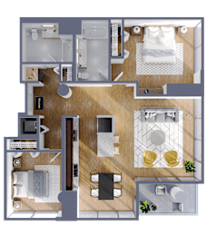A top-down view of a house layout with a kitchen, living room, and bathroom.
