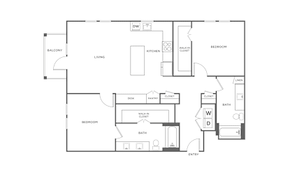 A floor plan of a house with a living room, two bedrooms, a bathroom, a kitchen, and a balcony.