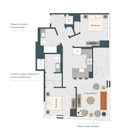 A diagram of a house layout with labeled rooms and features.