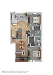 A floor plan of a two bedroom apartment with a living room, kitchen and balcony.