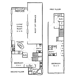 A floor plan of a two-story house with labeled rooms and dimensions.