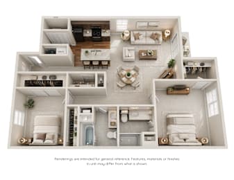 A 3D floor plan of a house with labeled rooms.