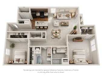 A 3D rendered image of a house layout.