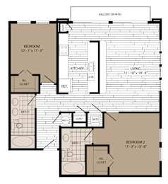 A floor plan of a small apartment with two bedrooms, a kitchen, and two bathrooms.