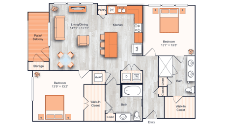 a floor plan of a one bedroom apartment with two bathrooms and a walk in closet