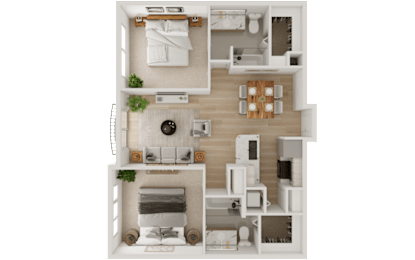 A top-down view of a well-organized kitchen and living room area.