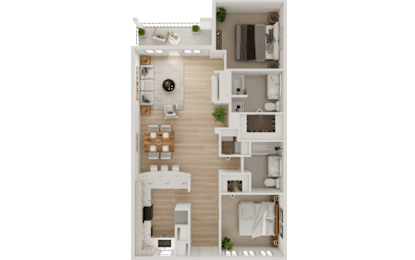 A detailed floor plan of a modern apartment with a kitchen, living room, and bedrooms.