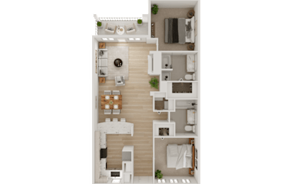 A top-down view of a house layout with a kitchen, living room, dining area, and bedrooms.