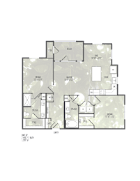 A floor plan of a house with a garage, living room, kitchen, and two bedrooms.