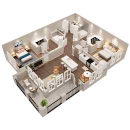 A 3D rendered image of a modern apartment layout.