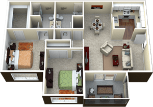 a 3d rendering of a floor plan with bedrooms and a living room