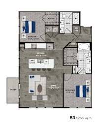 A floor plan of a 1,265 square foot home with two bedrooms, a living room, a kitchen, a bath, and a balcony.