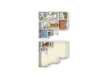 A floor plan of a two-story house with a kitchen, living room, and bedrooms.