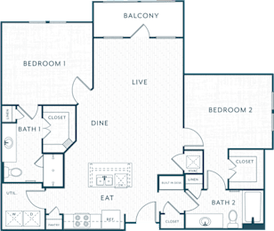 A floor plan of a house with a balcony, two bedrooms, a dining area, a live area, a kitchen, a pantry, two bathrooms, and a utility space.
