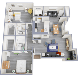 a 3d rendered floor plan of a 3 bedroom apartment