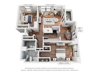 A 3D floor plan of a house with a kitchen, living room, and two bedrooms.