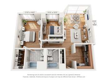 A 3D floor plan of a house with a living room, kitchen, and bathroom.