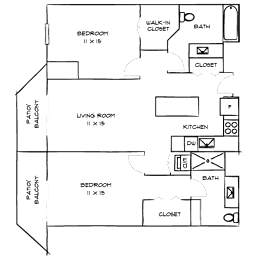 A floor plan of a house with two bedrooms, a living room, a kitchen, a bath, and a walk-in closet.