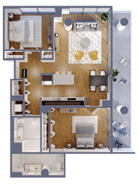 A detailed 3D floor plan of a house showing all rooms and their layouts.
