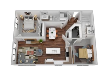 a 3d floor plan of a bedroom with a living room