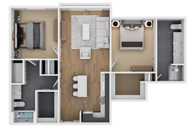 A top-down view of a modern apartment layout.