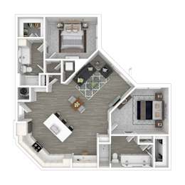 A top-down view of a house floor plan with a living room, kitchen, dining area, and bedrooms.