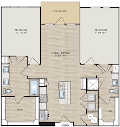 A floor plan of an apartment with two bedrooms, a living area, and a patio.