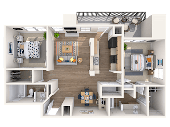 A 3D rendered image of a modern apartment layout.