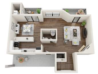 A top-down view of a modern apartment layout with a kitchen, living room, and two bedrooms.