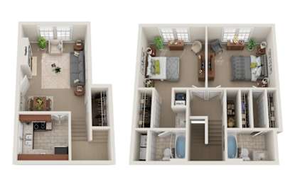Two images of a small apartment layout with a kitchen, living room, and bathroom.