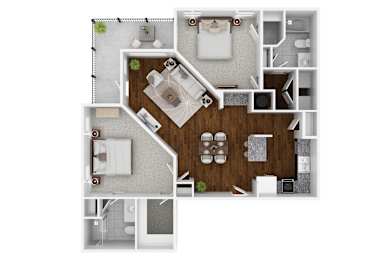 A top-down view of a house layout with a living room, kitchen, and two bedrooms.