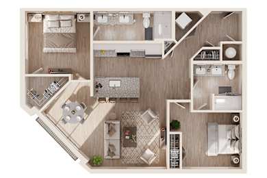 A top-down view of a small apartment layout with a kitchen, living room, and bedroom.