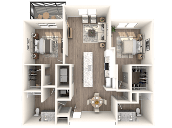 A 3D floor plan of a house with a kitchen, living room, and two bedrooms.
