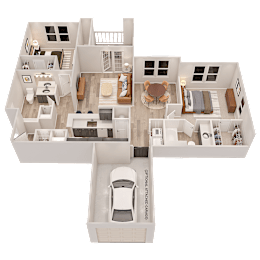 A 3D floor plan of a house with a car parked in the garage.