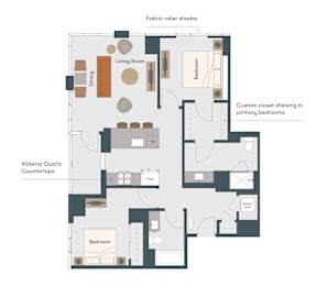 A floor plan of the Viaterra Quartz Countertops shows a living room, dining room, kitchen, and two bedrooms.