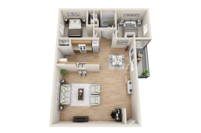 a stylized floor plan with a bedroom and a living room