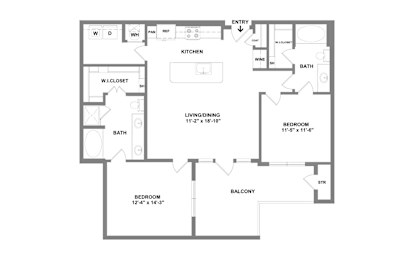 A floor plan of a house with two bedrooms, a living area, and a balcony.
