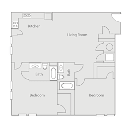 A floor plan of a house with a kitchen, living room, and two bedrooms.