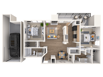 A 3D floor plan of a small apartment with a kitchen, living room, and bathroom.