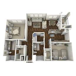 A 3D floor plan of a house with multiple rooms.