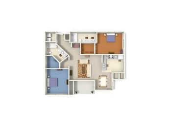 A floor plan of a house with a kitchen, living room, and two bedrooms.