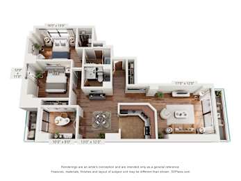 A 3D floor plan of a house with dimensions and a disclaimer.